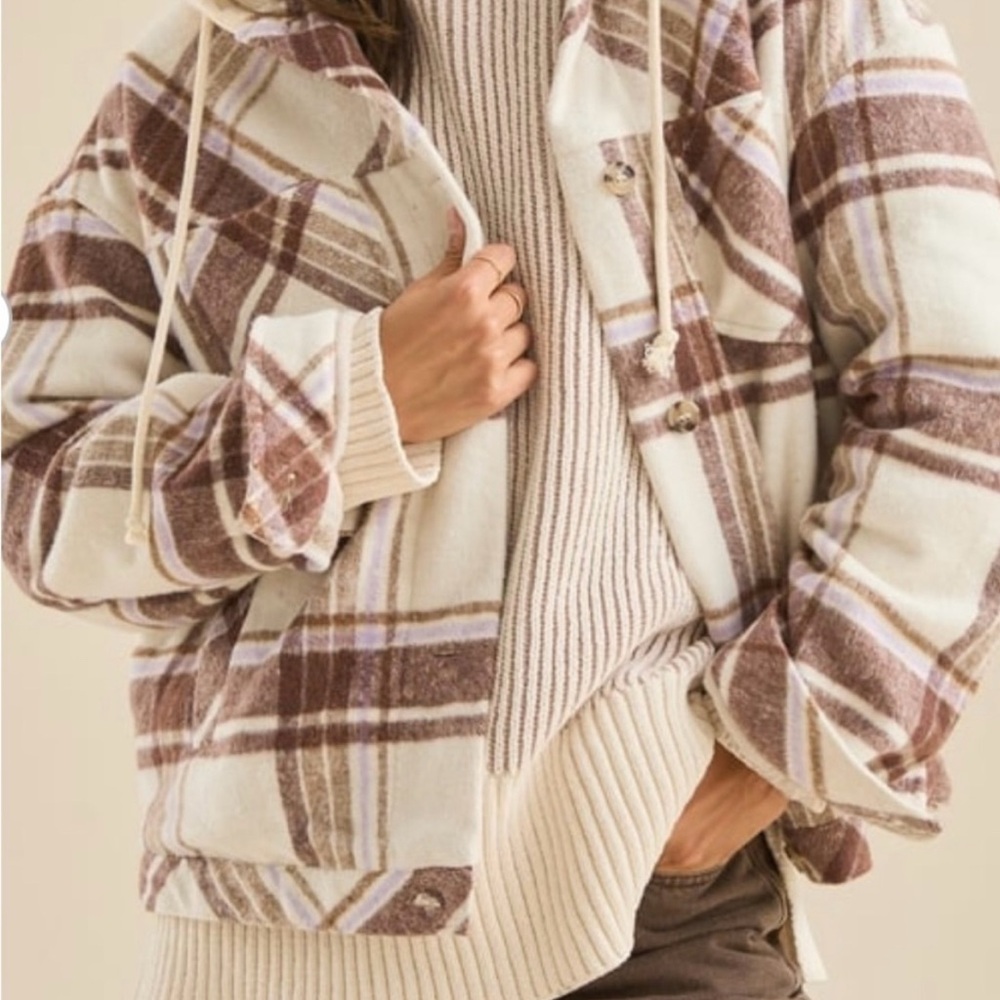 BRAND NEW Teddy Shacket, Hooded Jacket in Cream and Brown